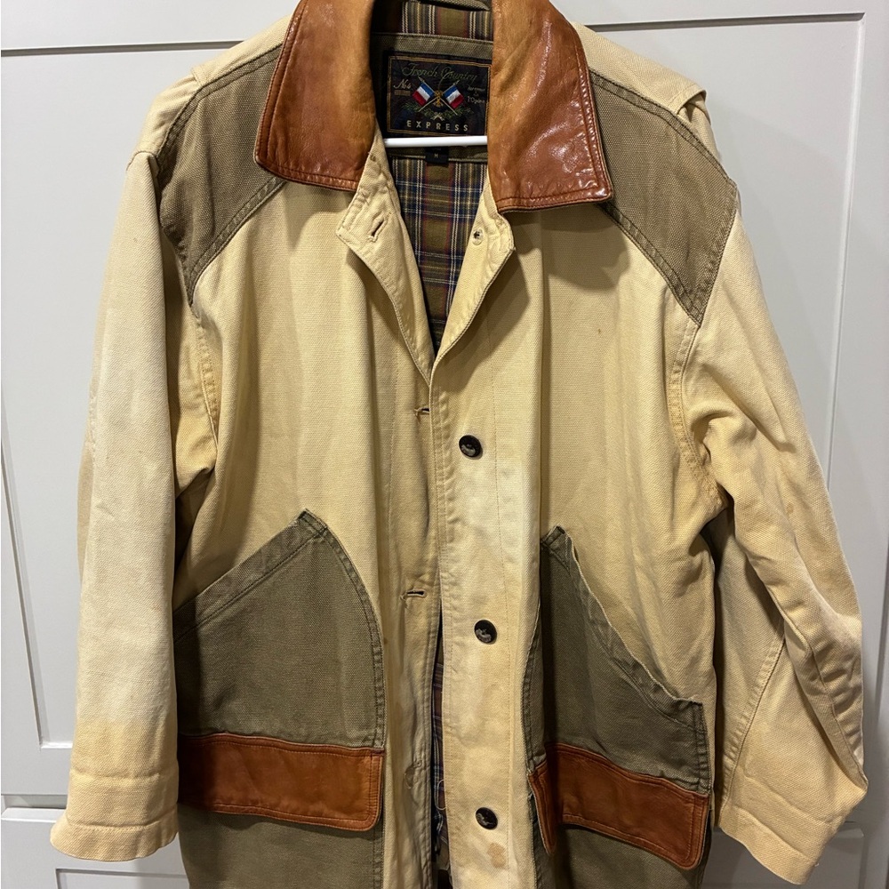 Vintage Express Tan and Brown, army Green Field Barn Jacket with leather collar